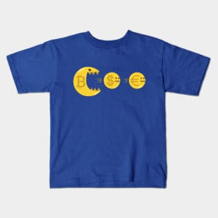 Funny Bitcoin Cartoon Eating Dollar and Euro Crypto Merch Pac Kids T-Shirt